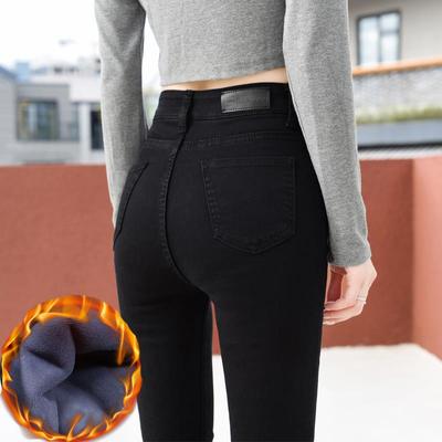 黑色高腰加绒牛仔裤女2024秋冬新款修身显瘦小脚靴裤弹力九分铅笔
