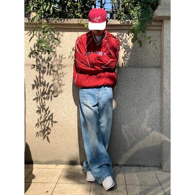 美式复古baggy阔腿牛仔裤水洗磨白拖地宽松直筒cityboy日系坠感裤