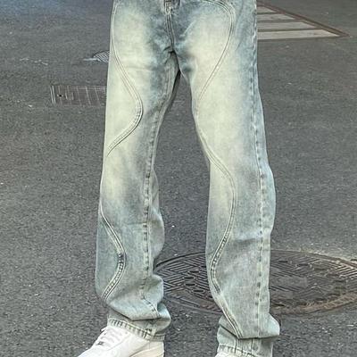 AHCN美式复古曲线拼接牛仔裤重工小众设计感宽松直筒百搭休闲长裤