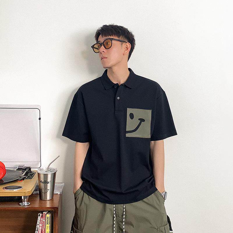 徐太浪设计感拼色笑脸印花短袖Polo衫男夏季宽松休闲半袖翻领上衣