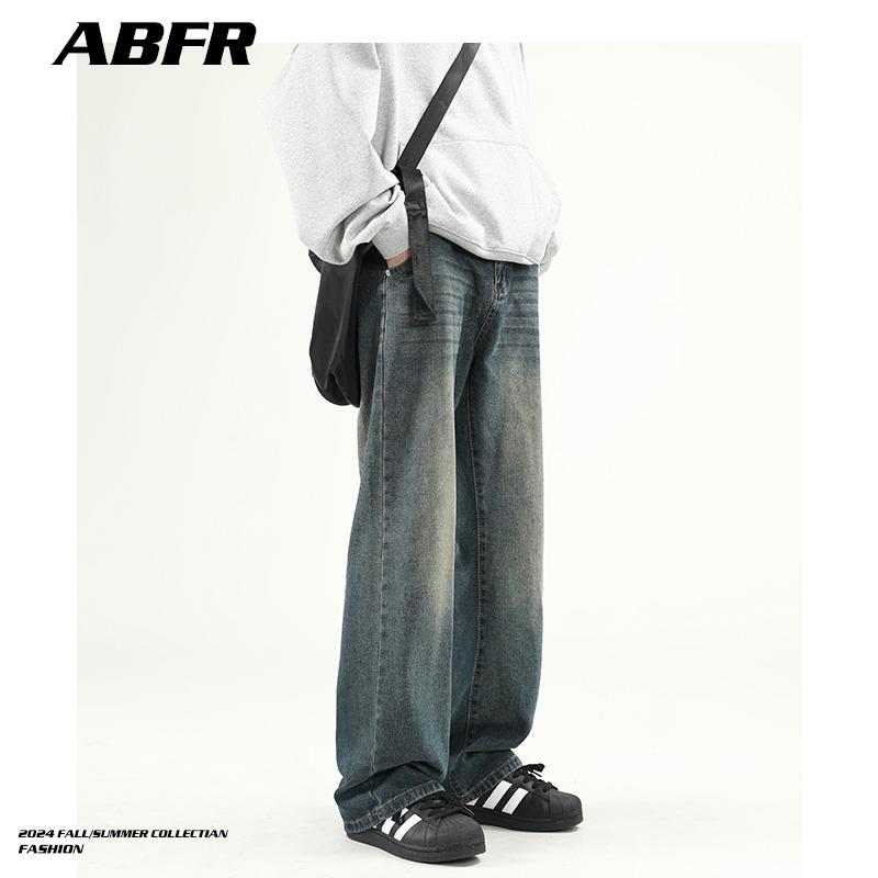 ABFR美式复古蓝色牛仔长裤直筒裤子水洗做旧潮牌宽松阔腿老爹裤男