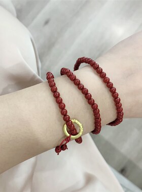 新品朱砂小颗f粒4mm左右多圈女款手链 3圈酒红色朱砂女款多圈手串