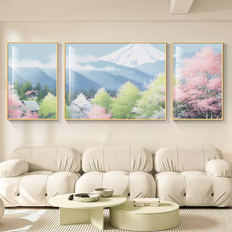 速发简约客厅装饰画高级感日式沙发背景墙三联画风景挂画晶瓷壁画图片