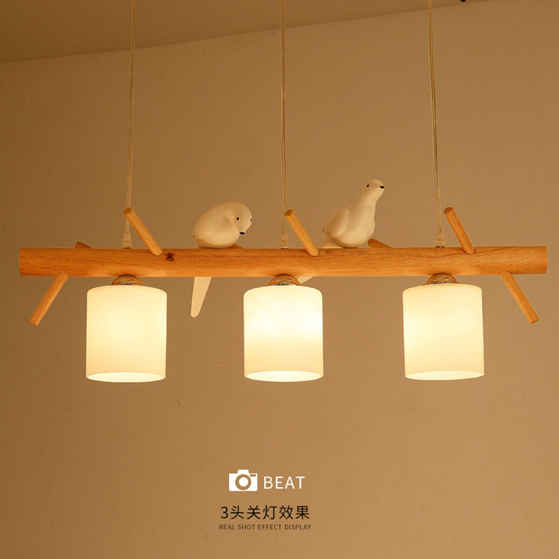 北欧创意个性餐厅三头LED日式吊灯实木吧台卧室餐桌小鸟吊灯