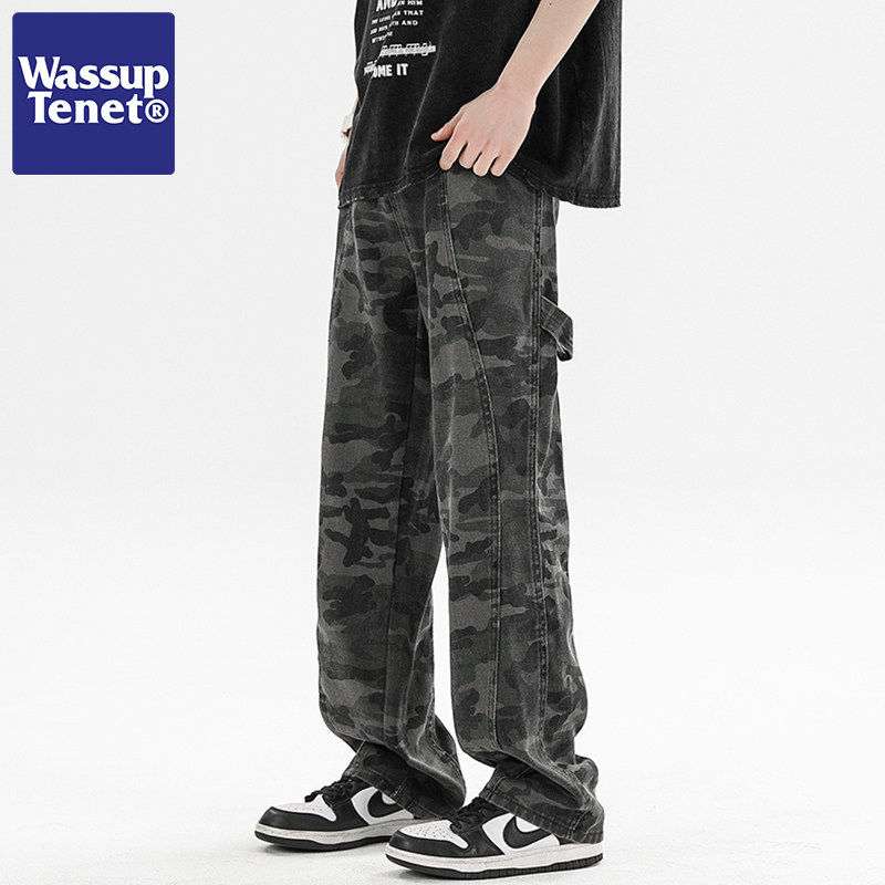 Wassup tenet工装牛仔裤男女款夏季潮流宽松迷彩水洗直筒长裤子男