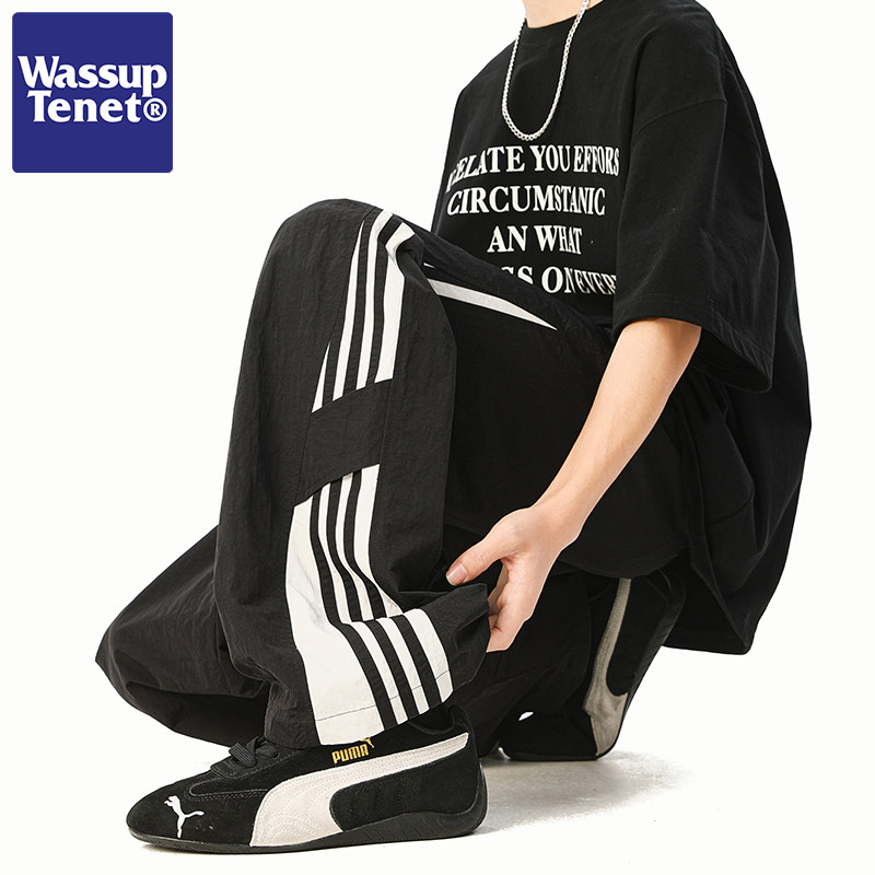 Wassup tenet2025夏季新款条纹直筒休闲裤男款港风宽松情侣长裤子