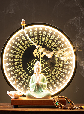 速发陶瓷观音菩萨家用灯奉祷音佛像摆件双手合十祈观观世坐莲供圈