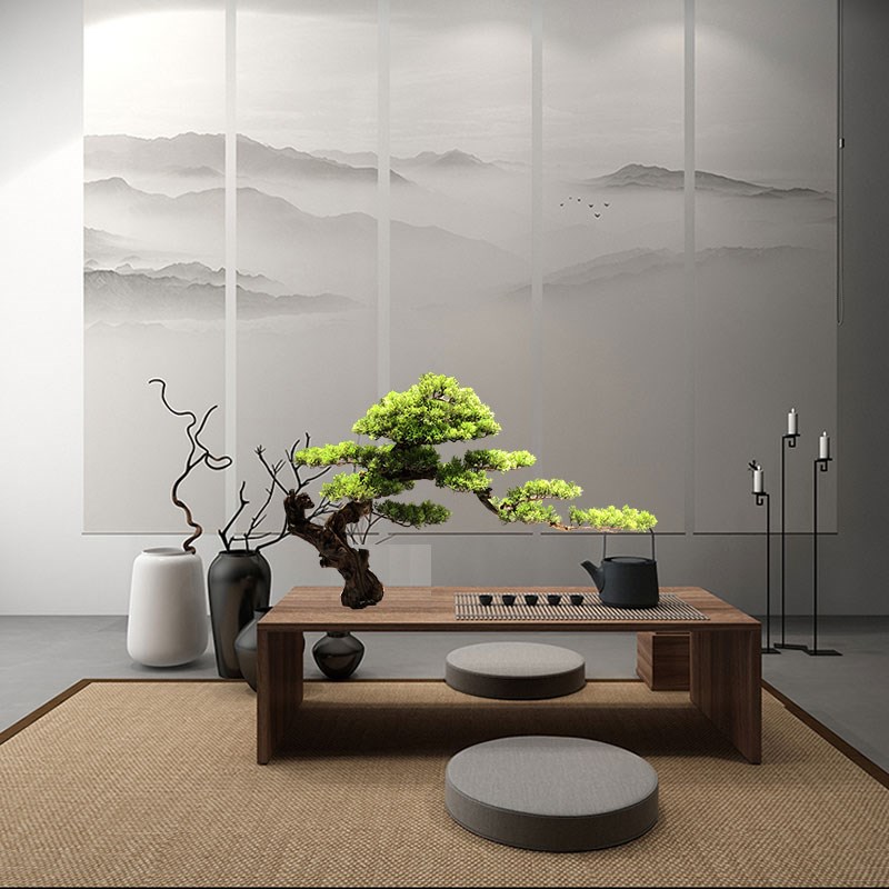 速发新中式迎客松盆景样板房绿植禅意茶室玄关软装创意工艺品摆件