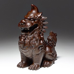 速发黑檀木雕龙生红子獬豸厅兽摆件实木质客神麒麟摆件九木工艺品