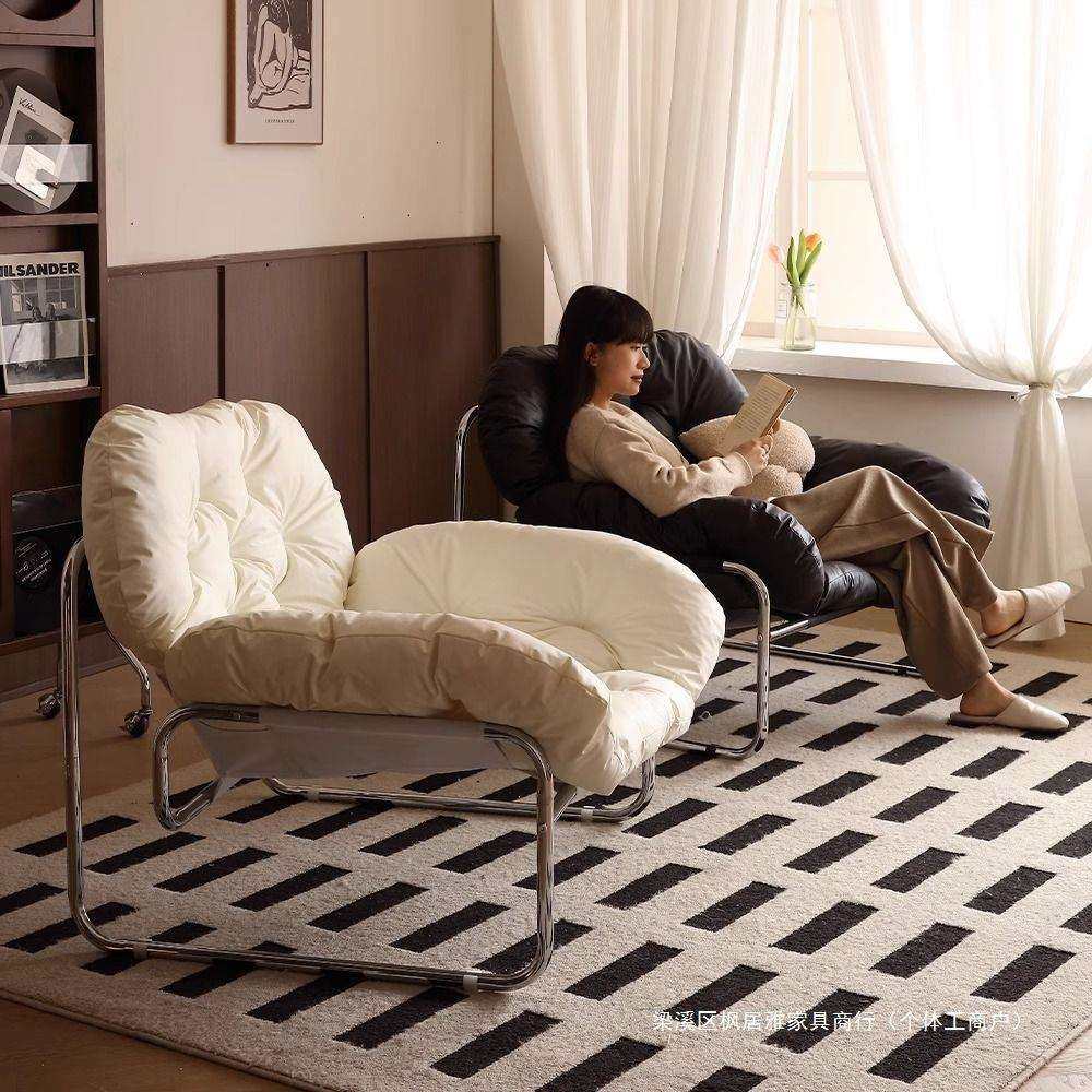 单人沙发椅北欧风客厅阳台铁艺沙发中古风纯色猫抓皮午休铁艺沙发