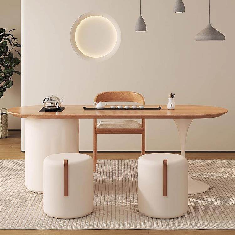 奶油风小茶台家用泡茶桌书桌茶桌一体原木风阳台实木茶桌椅组合