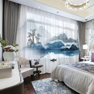 5ZW山水画新中式窗纱纱帘透光不透人窗帘2021年新款客厅大气卧室