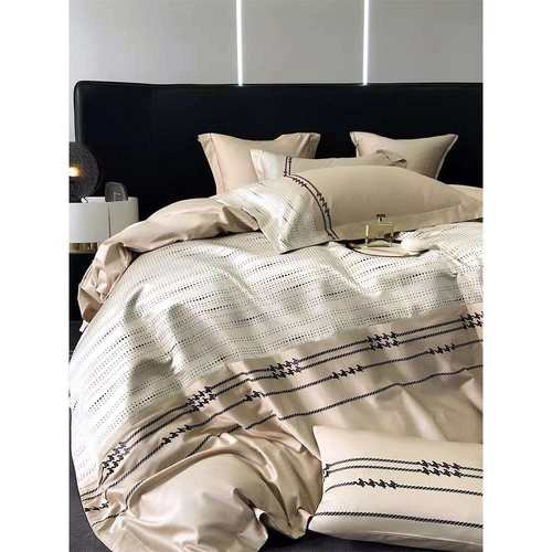 轻奢风全棉床单四件套纯棉120支长绒棉色织提花被套床上用品1.8米