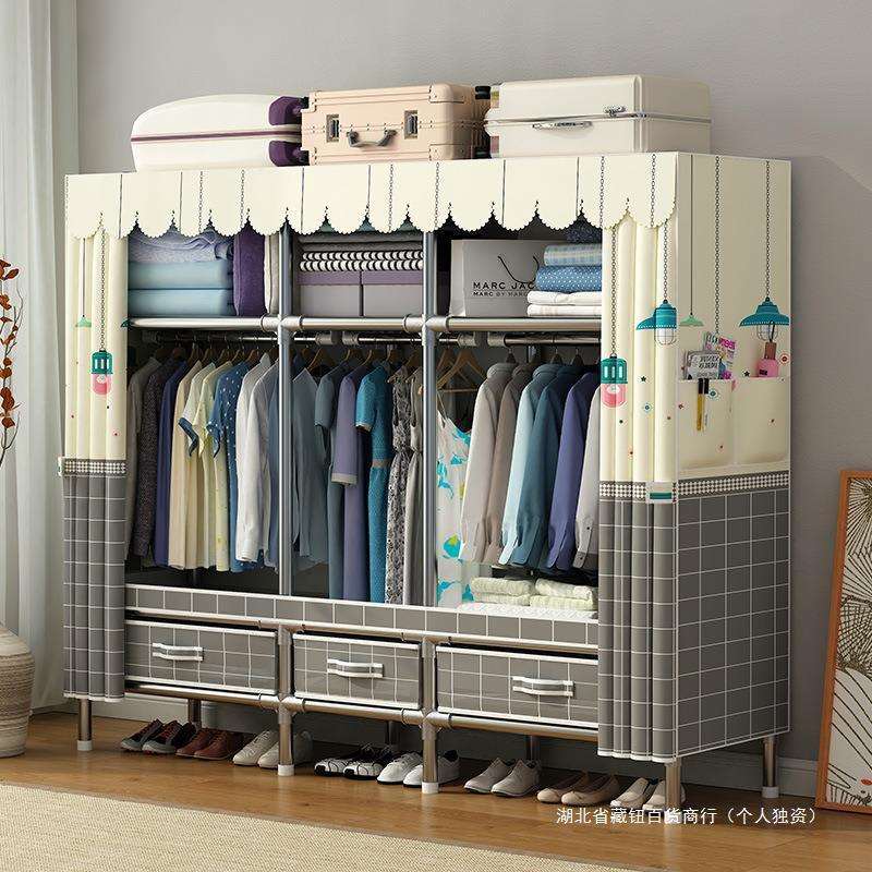 简易衣柜家用卧室布衣柜出租房用结实耐用组装全钢架加厚加粗衣橱