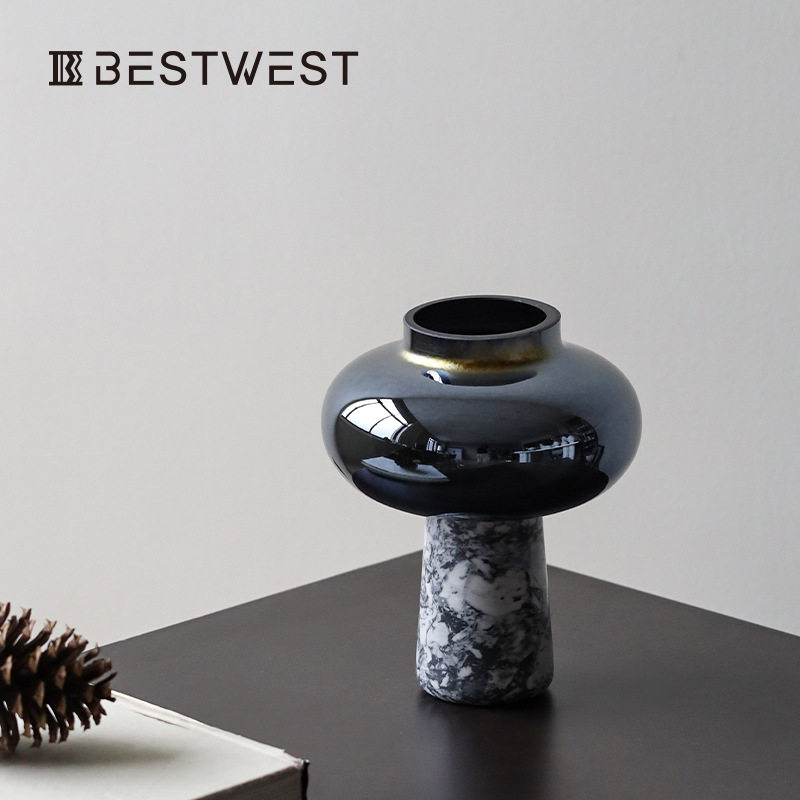 Bestwest新中式大理石玻璃花瓶摆件家居样板间设计师高档花器