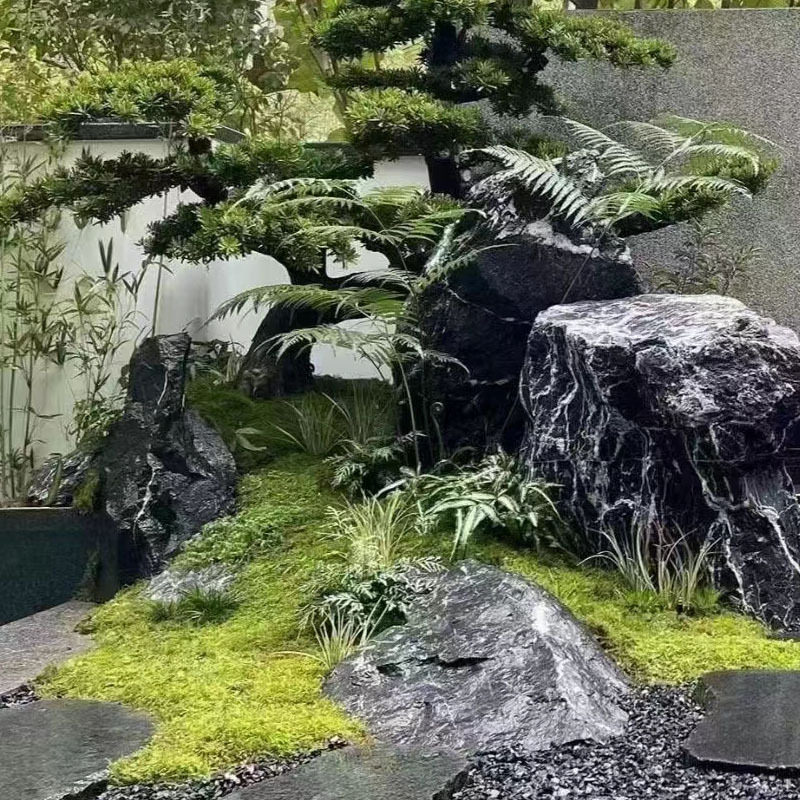 天然黑山石枯山水造景石庭院绿地草坪景观石黑山石摆件假山石头