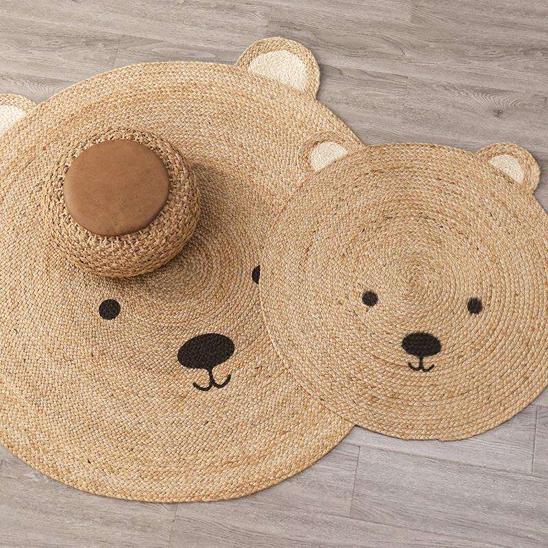天然黄麻编织地毯儿童房阳台卧室床边儿童区爬行垫圆形卡通熊地垫