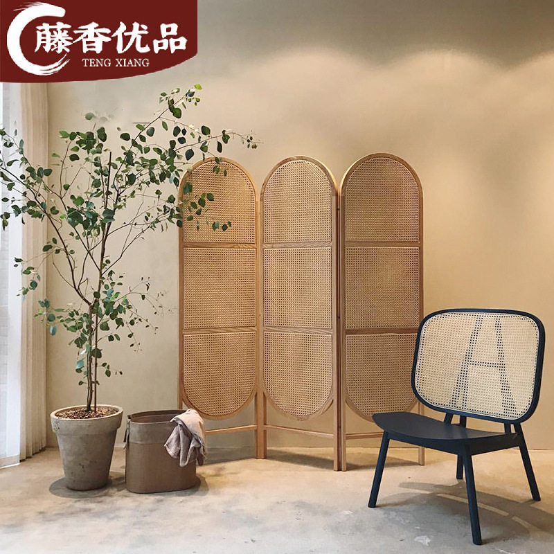 日式实木屏风隔断客厅餐厅卧室可移动藤编复古卧室折叠轻奢家用