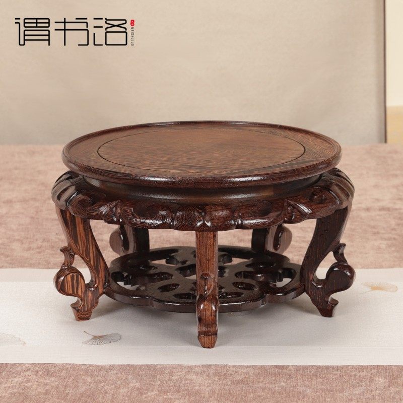 红木圆形花瓶奇玉石佛像盆景鱼缸摆件底座实木海棠几花架底座托架