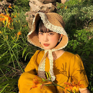蕾丝花边韩版 法式 ins萝莉遮阳草帽女夏小清新甜美可爱绑带渔夫帽