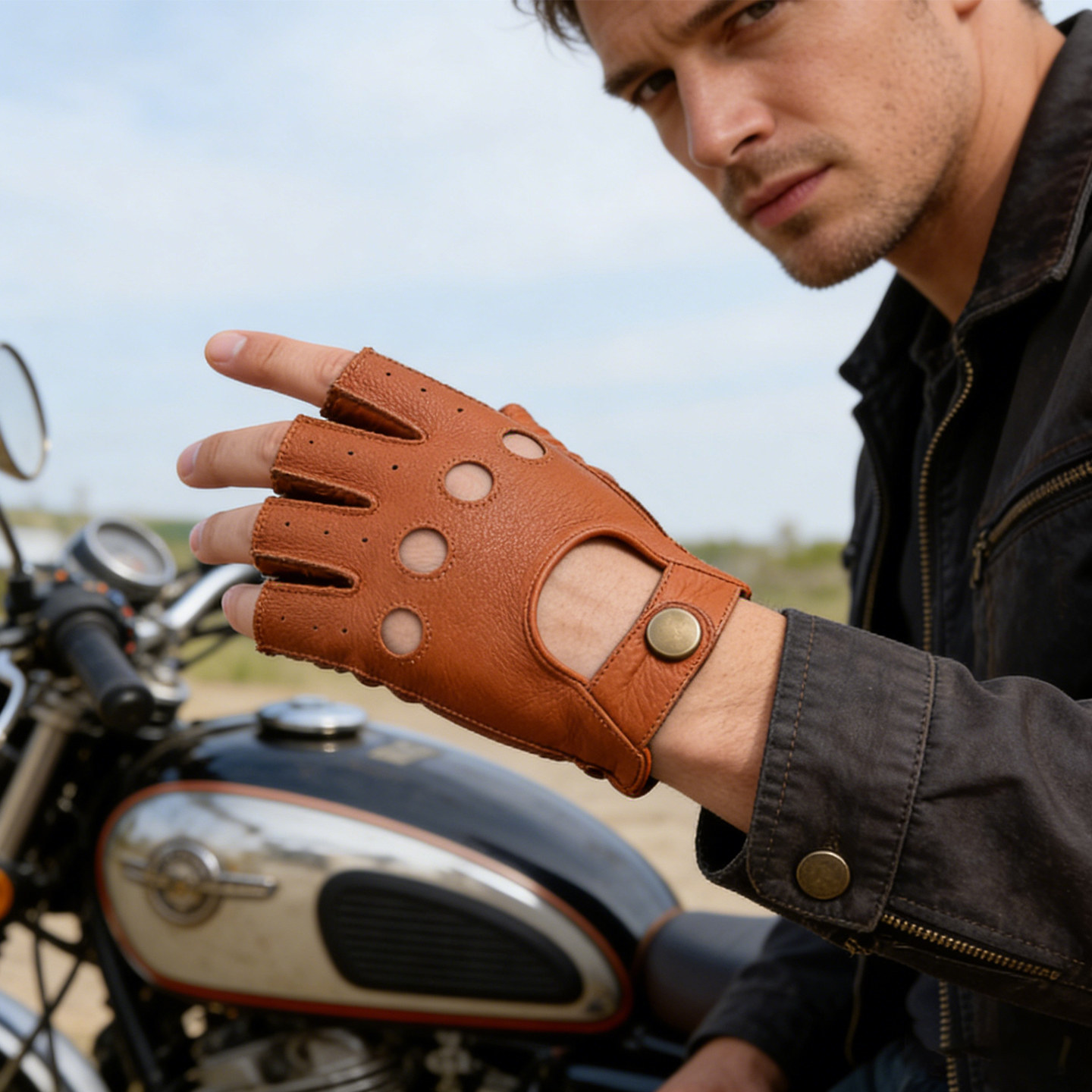 半指手套男鹿皮骑行驾驶复古机车摩托车防滑运动羊皮露指半截手套