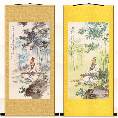现货速发王维诗意图人物画 竹林月下清音高士抚琴卷轴挂画绢布 复