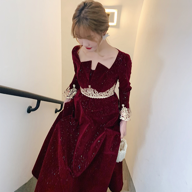 速发孕妇敬酒服新娘秋冬季酒红色大码丝绒回婚礼服订门连衣裙长袖