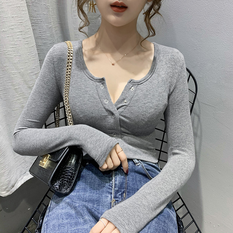 Real shot Europe station autumn dress 2021 new sexy collarbone short top slim bottomed shirt long sleeve T-shirt girl