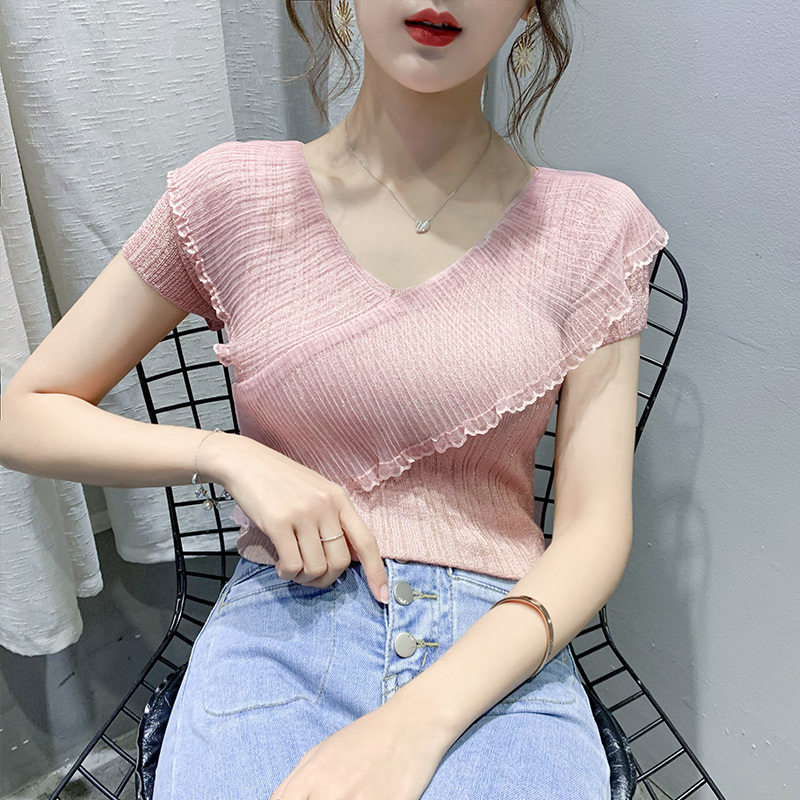 实拍#2021夏季新款锁骨v领t恤针织薄款上衣短款冰丝针织衫女短袖