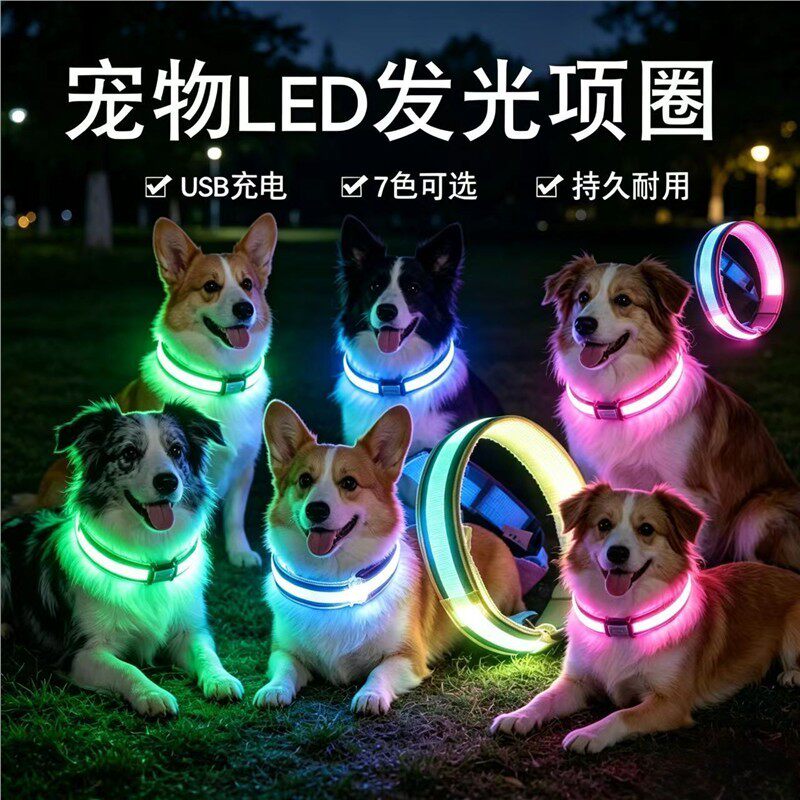可充电狗狗发光项圈夜间反光颈圈宠物防丢失充电闪光牵引灯夜光脖
