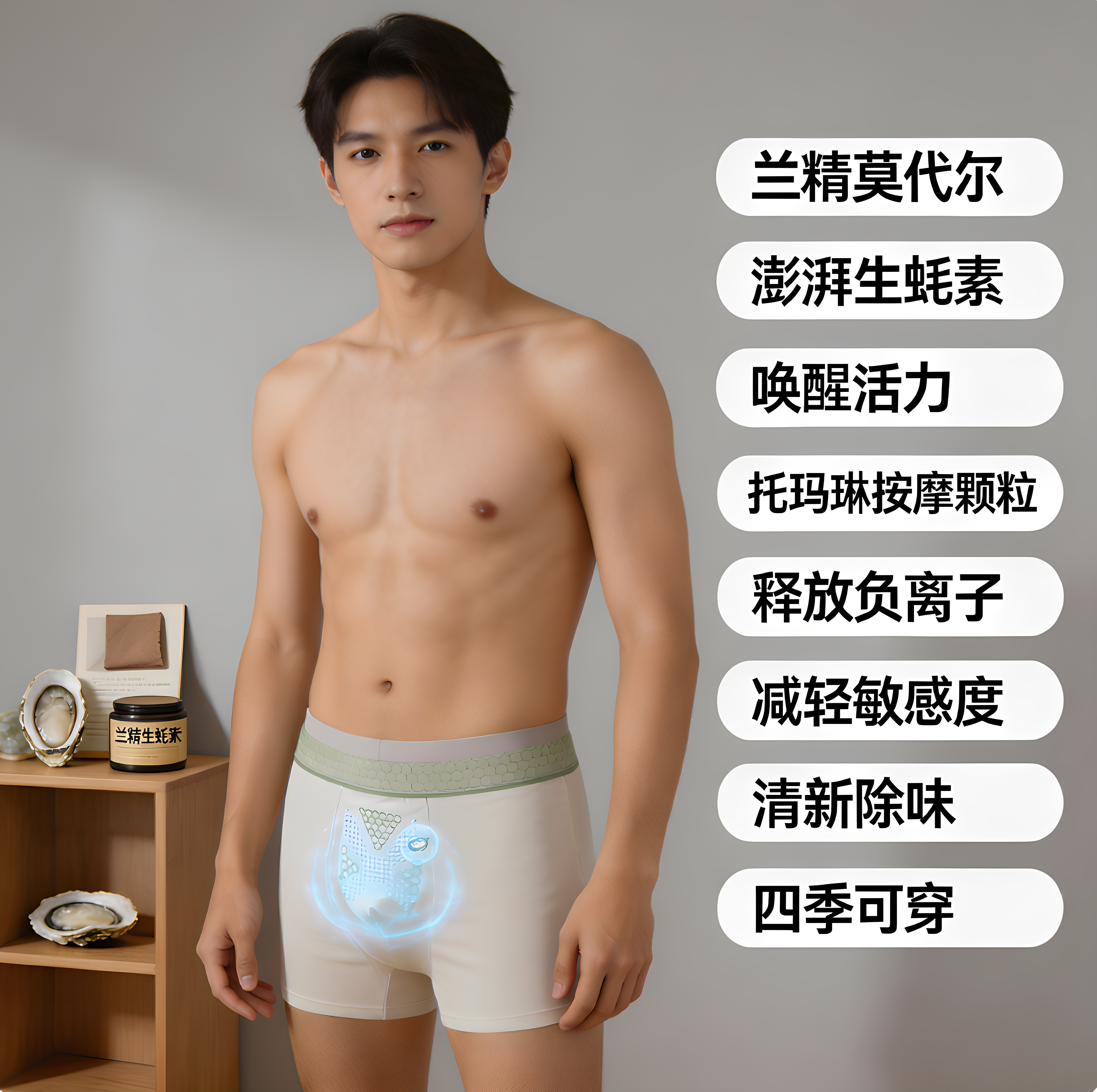 10A抑菌托玛琳按摩颗粒养护平角裤立体囊袋纯棉内裤男士唤醒野兽
