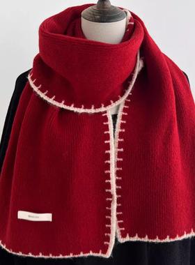 氛围感~花边红色羊毛针织围巾女冬季韩版百搭保暖情侣羊绒围脖潮