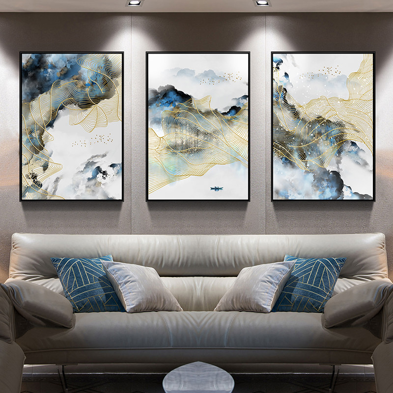 速发轻奢装饰画新中式抽象客水挂山沙发背景墙画厅壁画水墨三联画