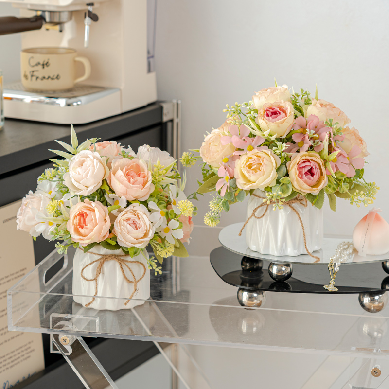 速发家居桌面插花盆栽假花花摆设餐桌花摆仿花艺摆件花生花玫瑰花