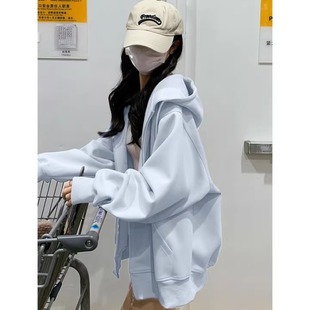 蓝色卫衣外套女春秋2025新爆款春秋季拉链开衫初中学生加绒厚上衣