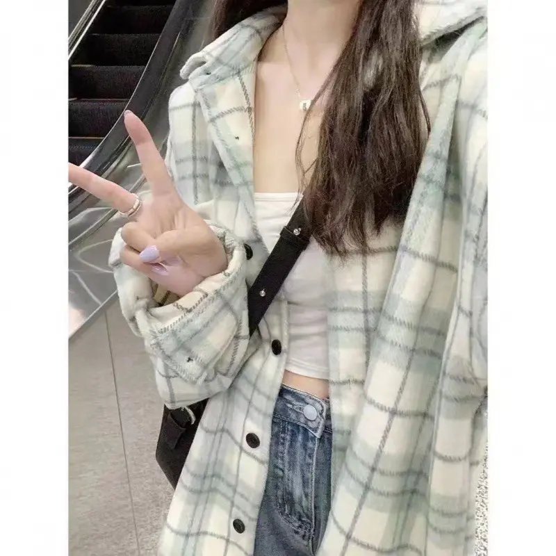 新款夏季防晒薄荷绿格子衬衫外套衬衫
