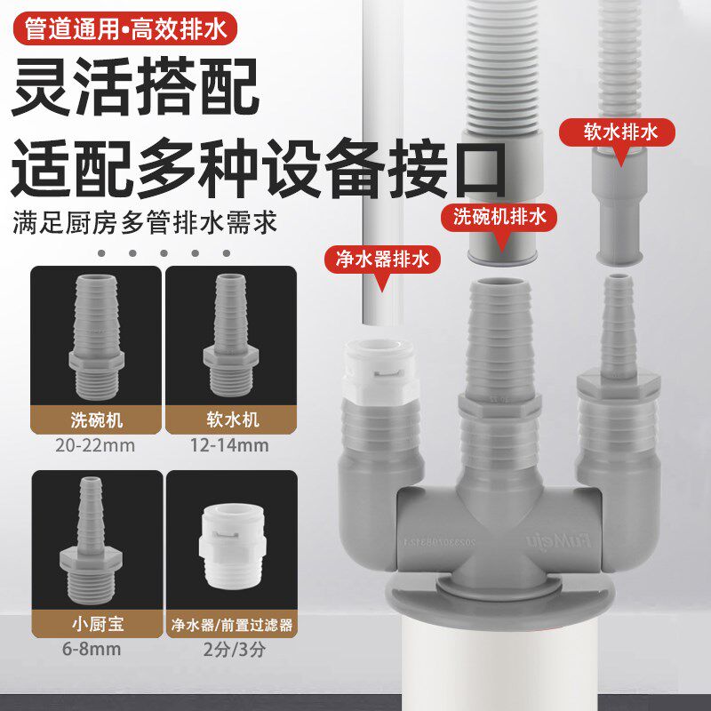 厨房40管下水三通洗p碗机净水器前置过滤器下水接头排水管道防返