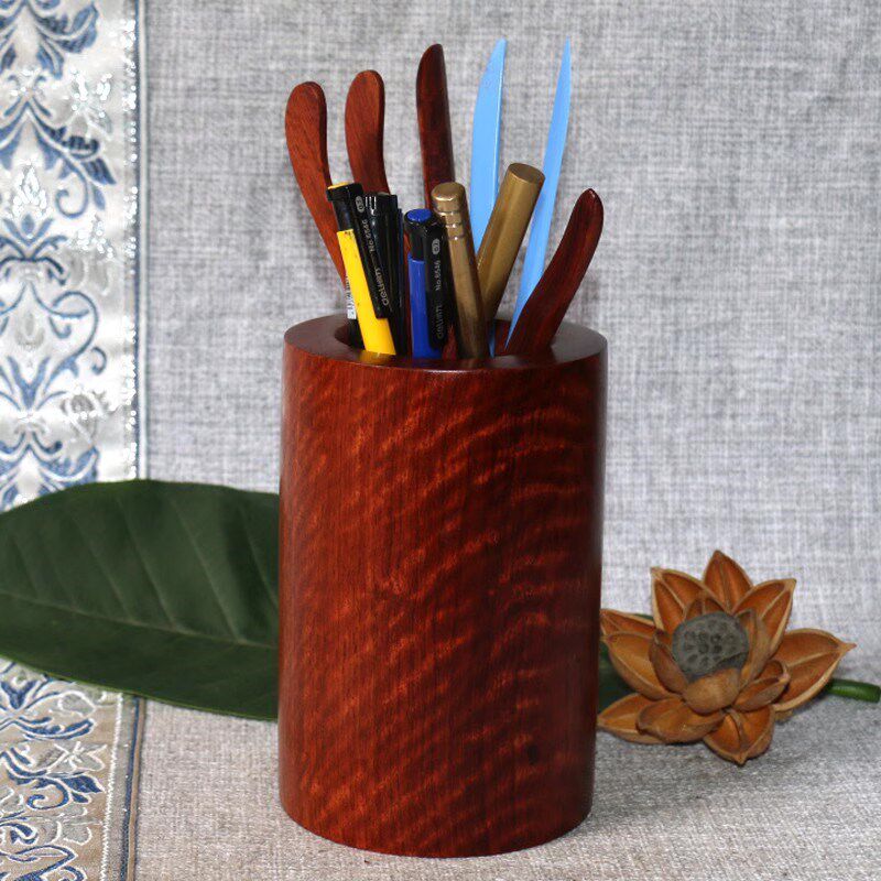 红木文房笔筒缅甸花梨木雕水波虎皮E纹整木实木圆形笔桶摆件工艺