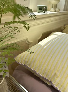 清新柠檬黄水洗棉三角针黄色条纹四件套1.5mM1.8米公寓被套三件套