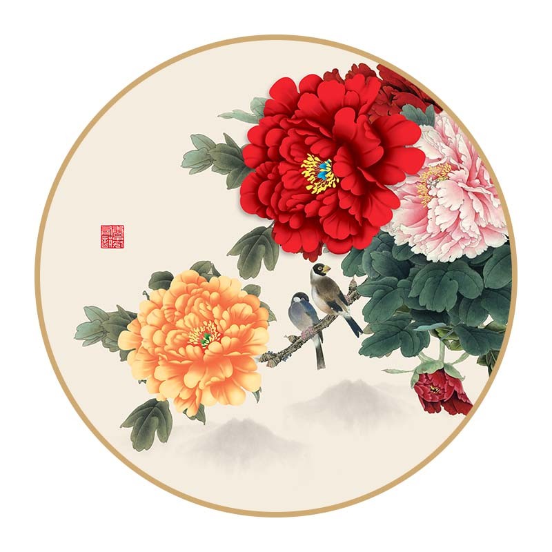 富贵花开牡丹f圆形装饰画新中式客厅餐厅卧室玄关走廊挂画花鸟壁图片