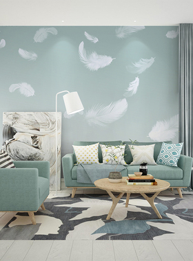 北欧浅绿色羽毛墙布现代简约5d客厅沙发墙纸壁画Q8d电视背景墙壁