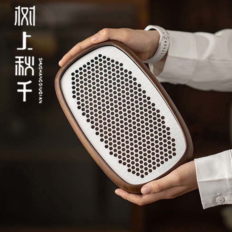 胡桃木小茶盘新中式家用椭圆形实木储水式L茶台沥水茶具托盘干泡