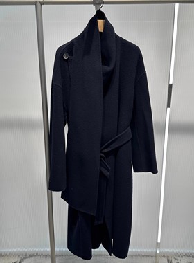 艾诺丝国内代购2025秋季围巾款收腰羊毛大衣长款毛呢外套AR234144