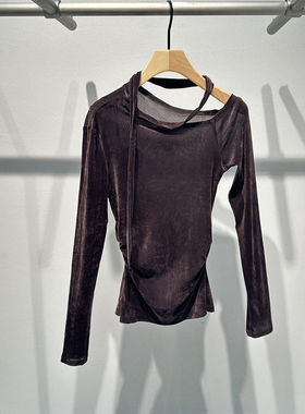 艾诺丝国内代购2026春季新款修身飘带领丝绒长袖T恤上衣BR601134