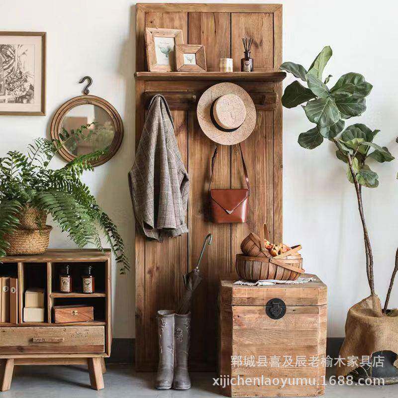 老榆木复古靠墙衣帽架做旧原木壁架入户储物架落地挂衣架