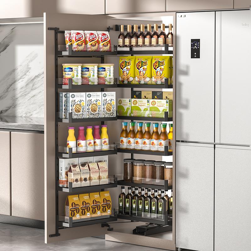 拉篮厨房橱柜高柜大怪物拉篮高深开门式多层联动零食柜储物篮阻尼