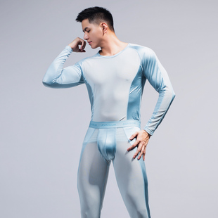 Asianbum男保暖套装薄款拼接网眼圆领冰丝透气舒适打底保暖套装