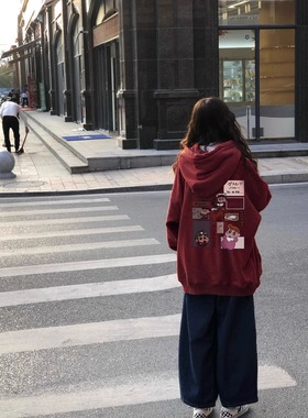 速发z红色山东即墨连帽卫衣oversi酒e大码秋绒加冬加厚外套上衣