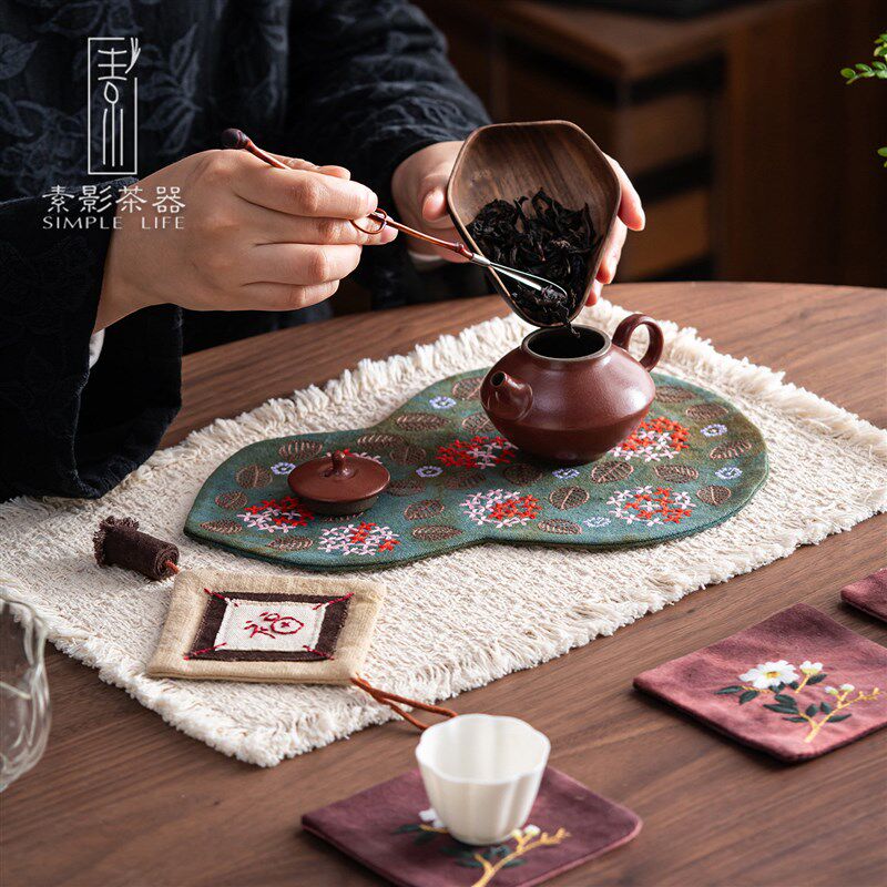 速发手工刺绣葫芦茶席  布艺隔热垫茶具垫茶桌布中式晕染绣球花干