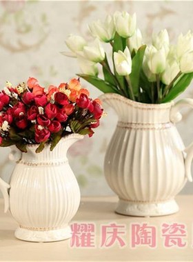 速发包水复古黑色纯培米白陶瓷花瓶单耳奶壶邮壶欧式水白花瓶摆件